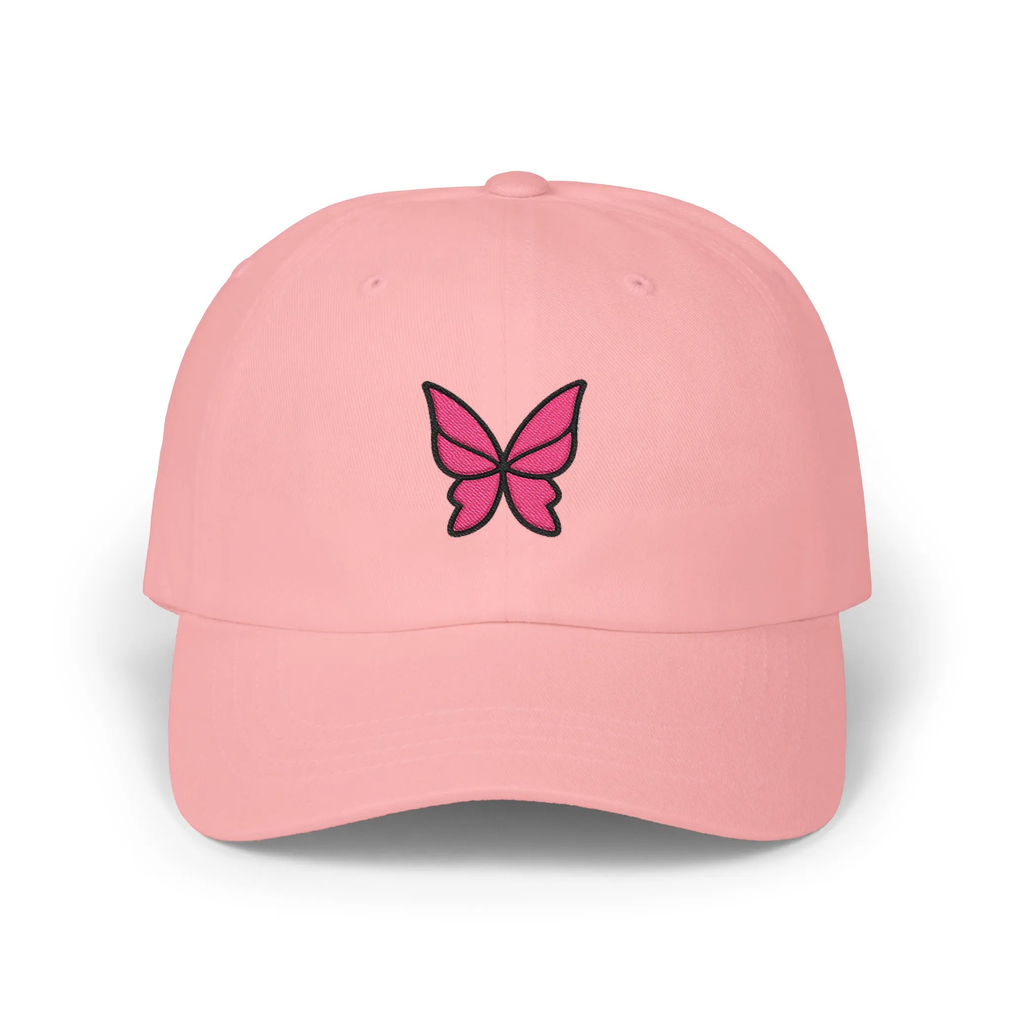 Pink butterfly baseball cap, front view with pink butterfly embroidery outlined in black
