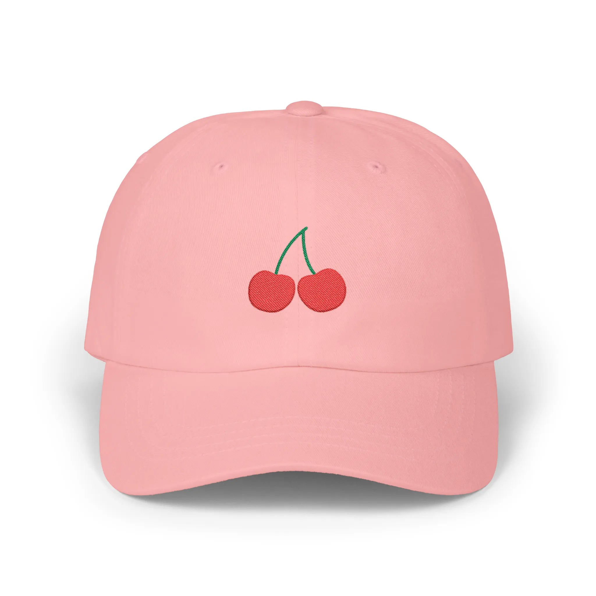 Pink cherry baseball cap, front view with two red cherry embroideries and green stems