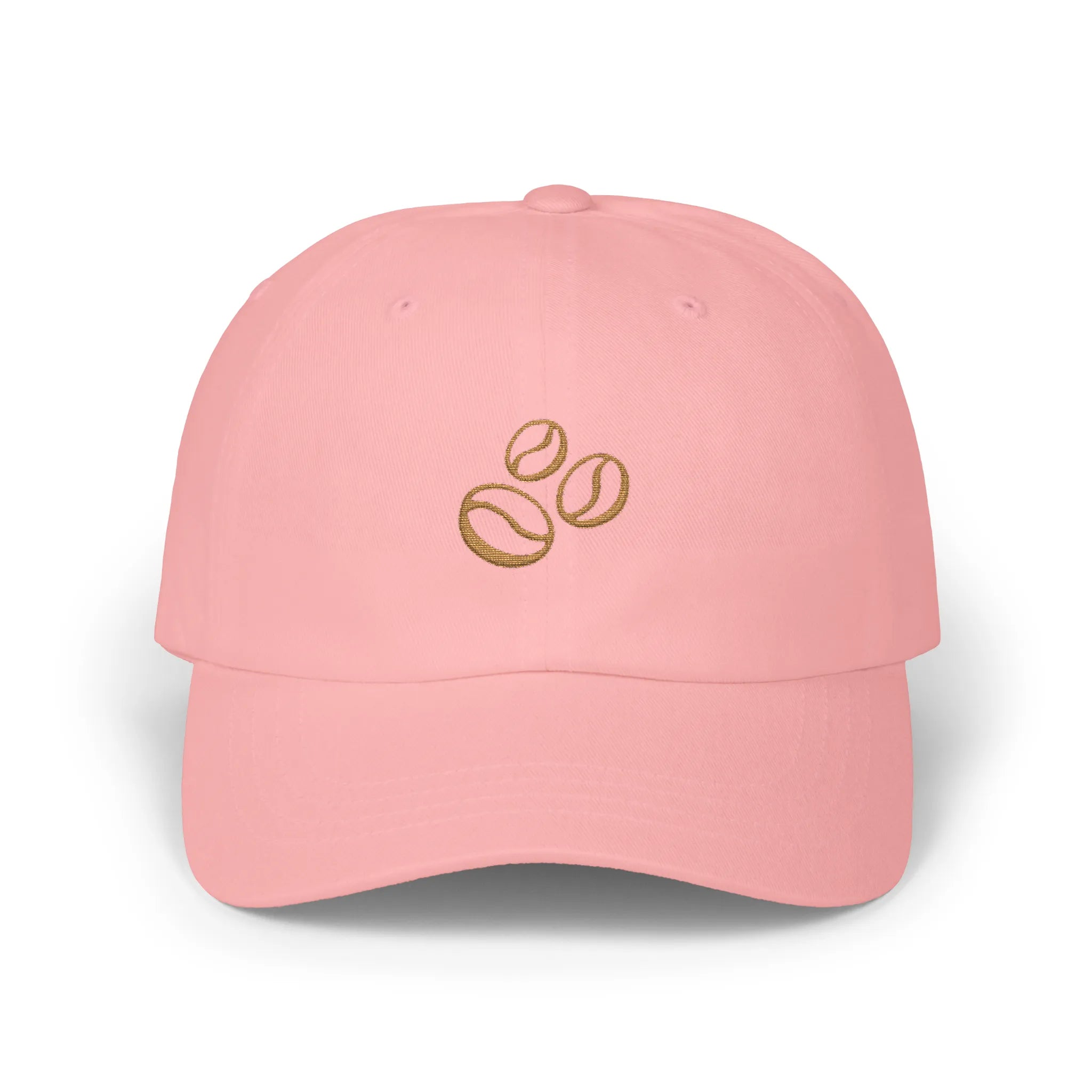 Pink coffee beans baseball cap, front view with three brown coffee bean embroideries