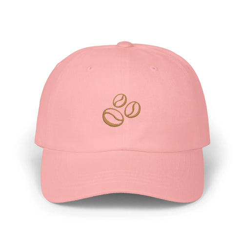 Pink coffee beans baseball cap, front view with three brown coffee bean embroideries