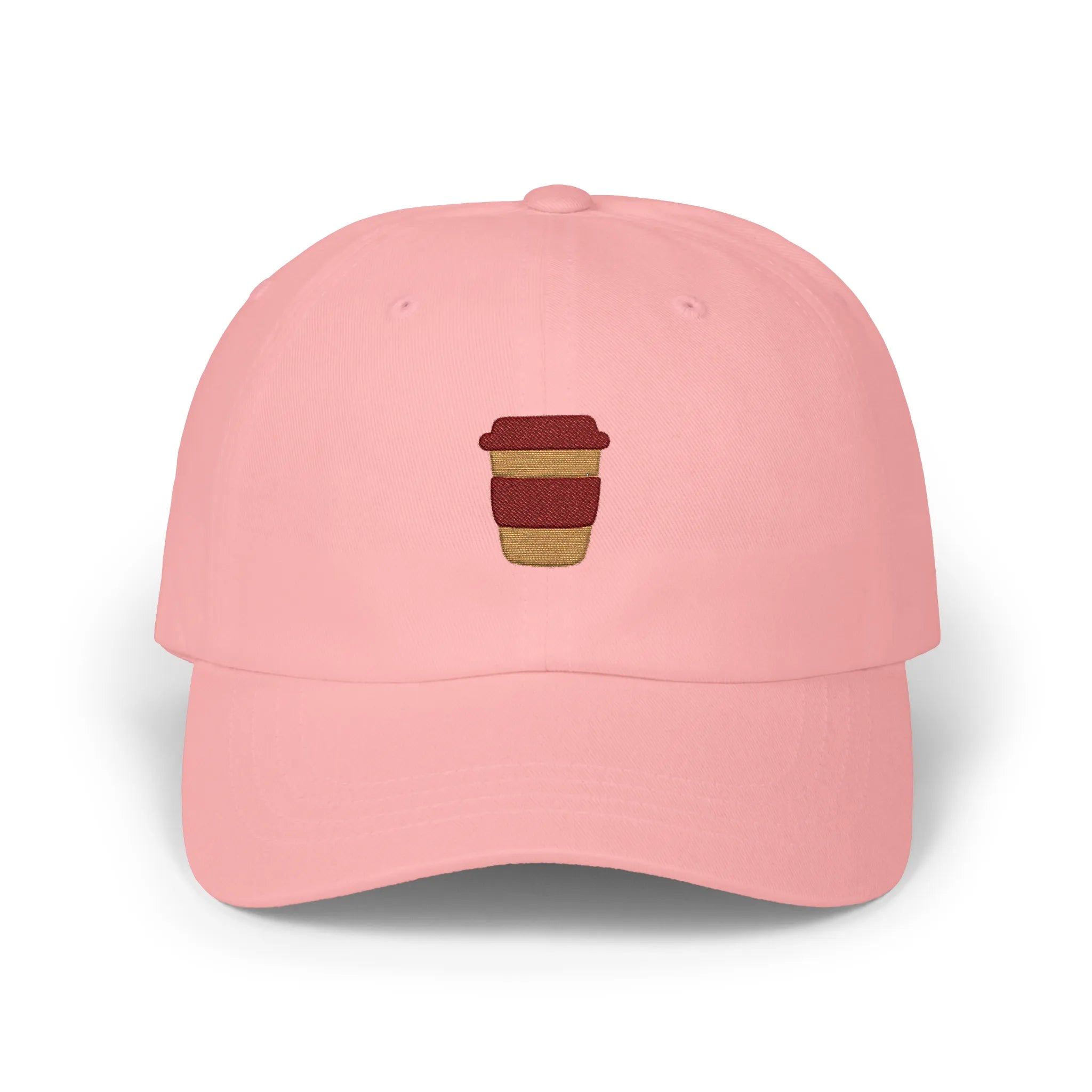 Pink coffee mug baseball cap, front view with brown takeaway cup embroidery