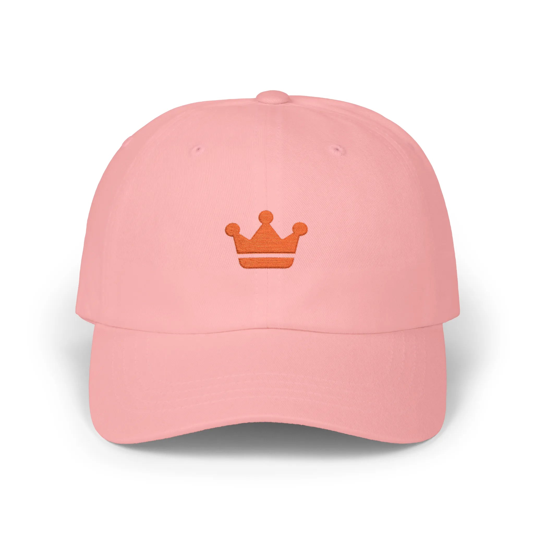 Pink crown baseball cap, front view with orange crown embroidery at center