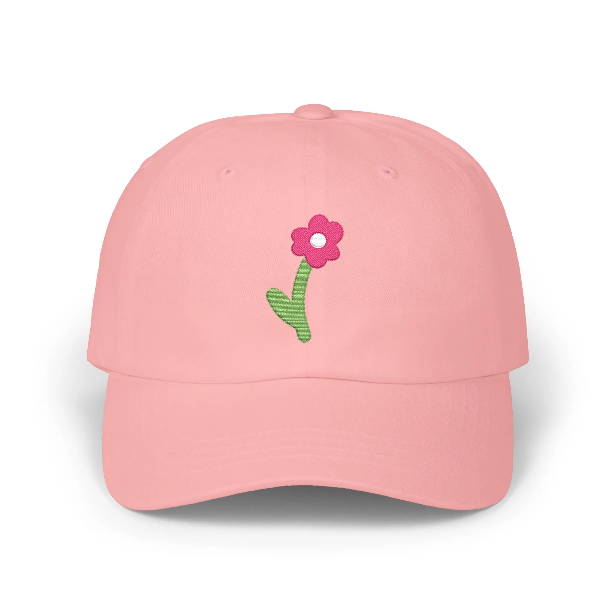 Pink cute flower baseball cap, front view with pink flower and green stem embroidery