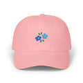 Pink flowers baseball cap, front view with two blue flower embroideries and green leaves