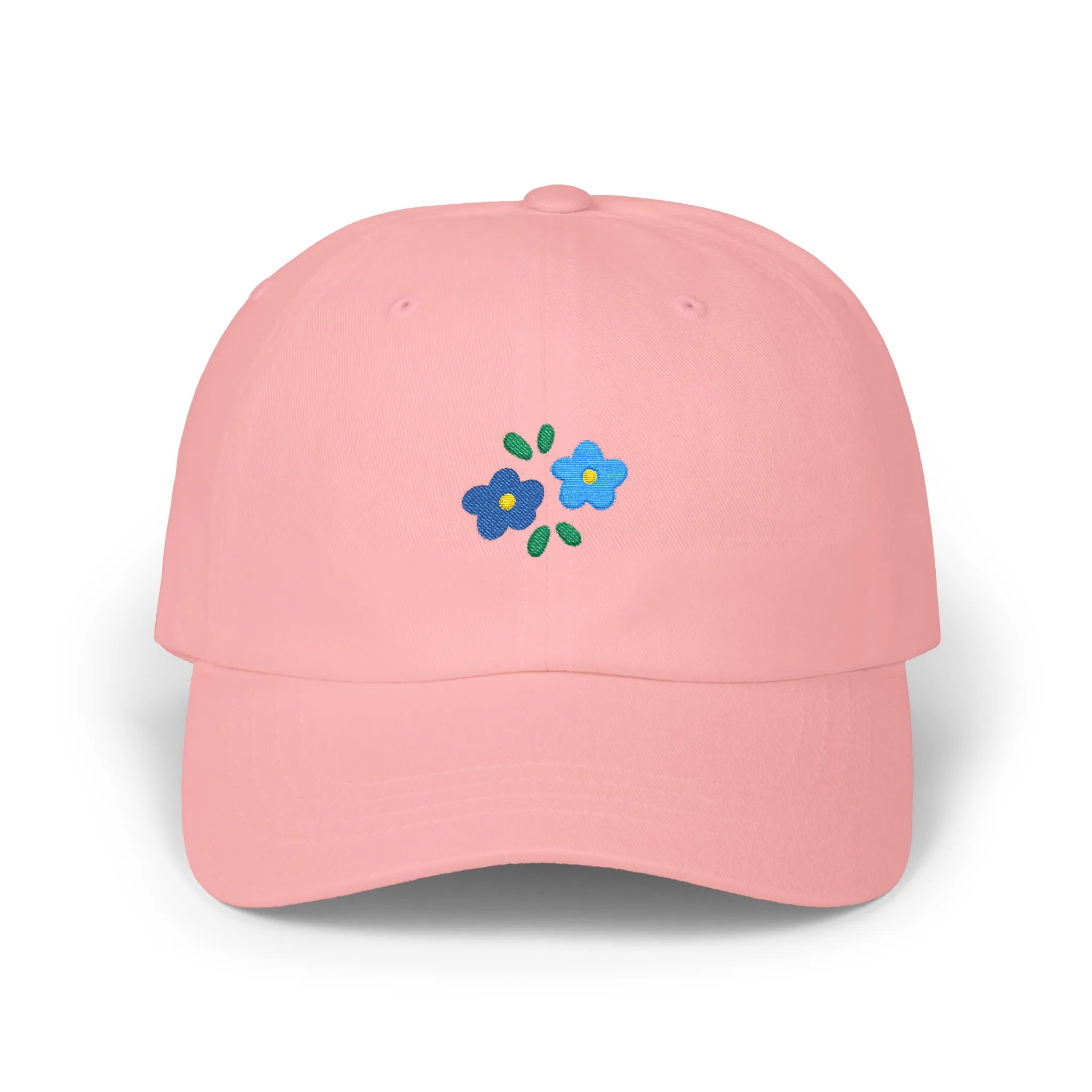 Pink flowers baseball cap, front view with two blue flower embroideries and green leaves