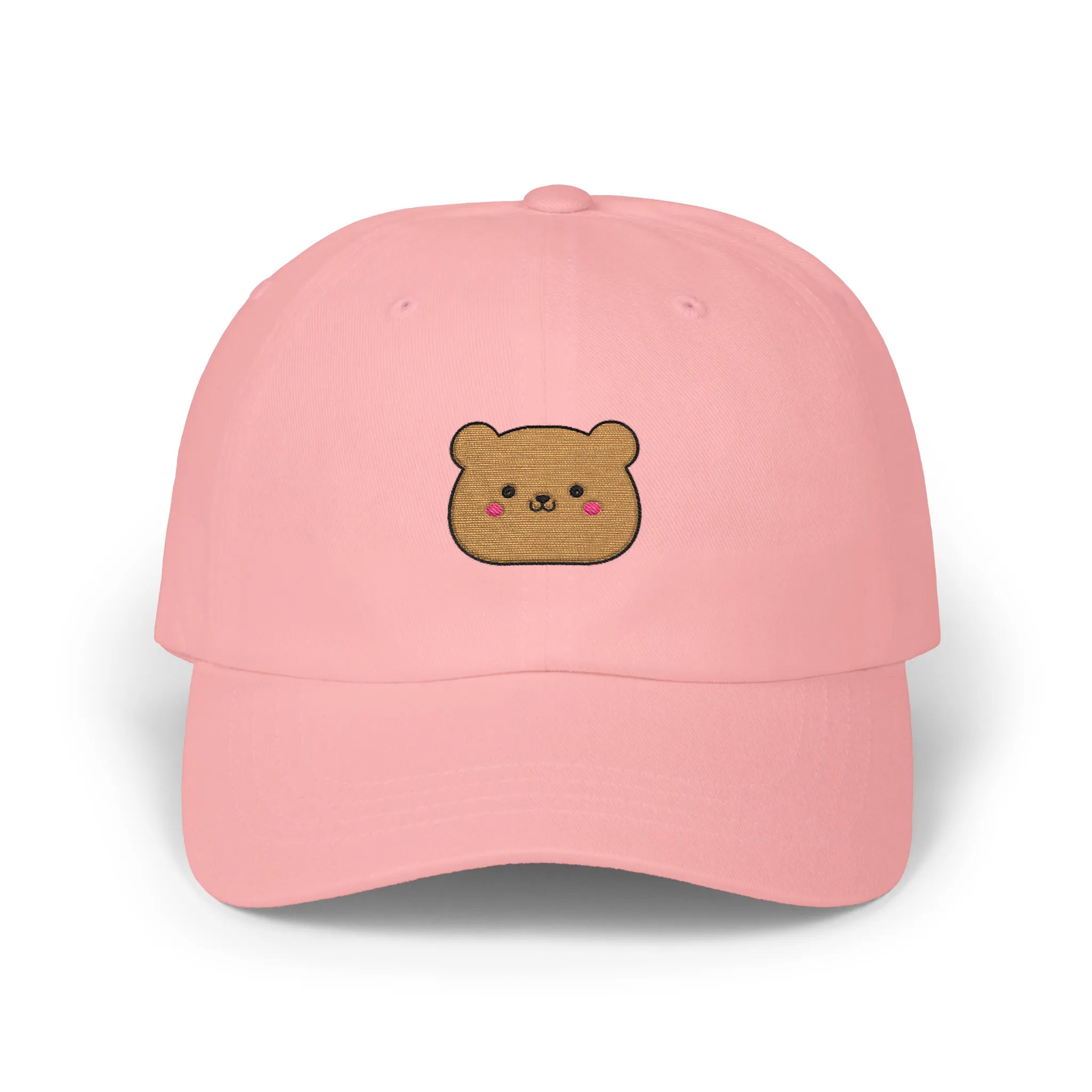 Pink happy teddy baseball cap, front view with brown teddy face embroidery and pink cheeks