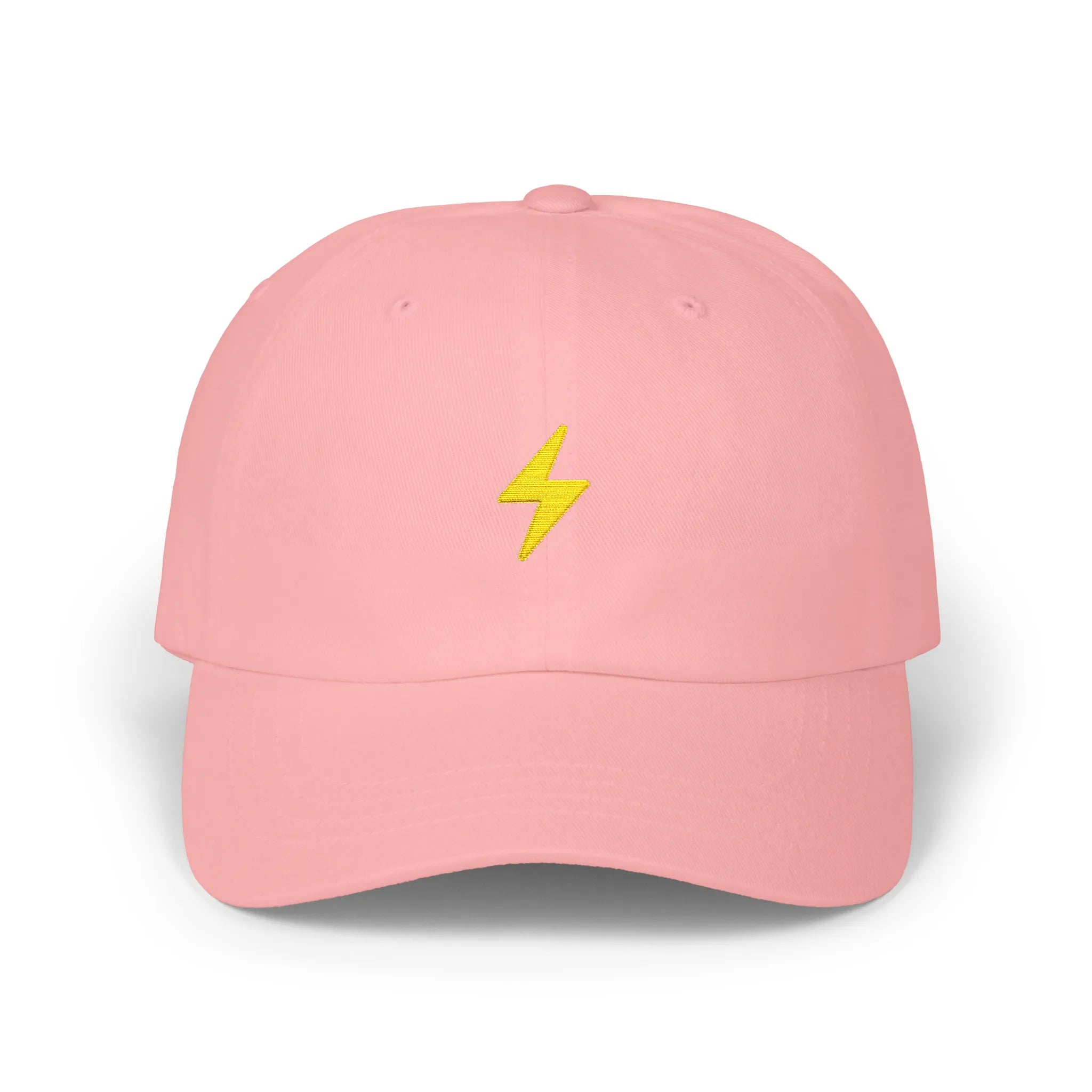 Pink lightning bolt baseball cap, front view with yellow bolt embroidery at center