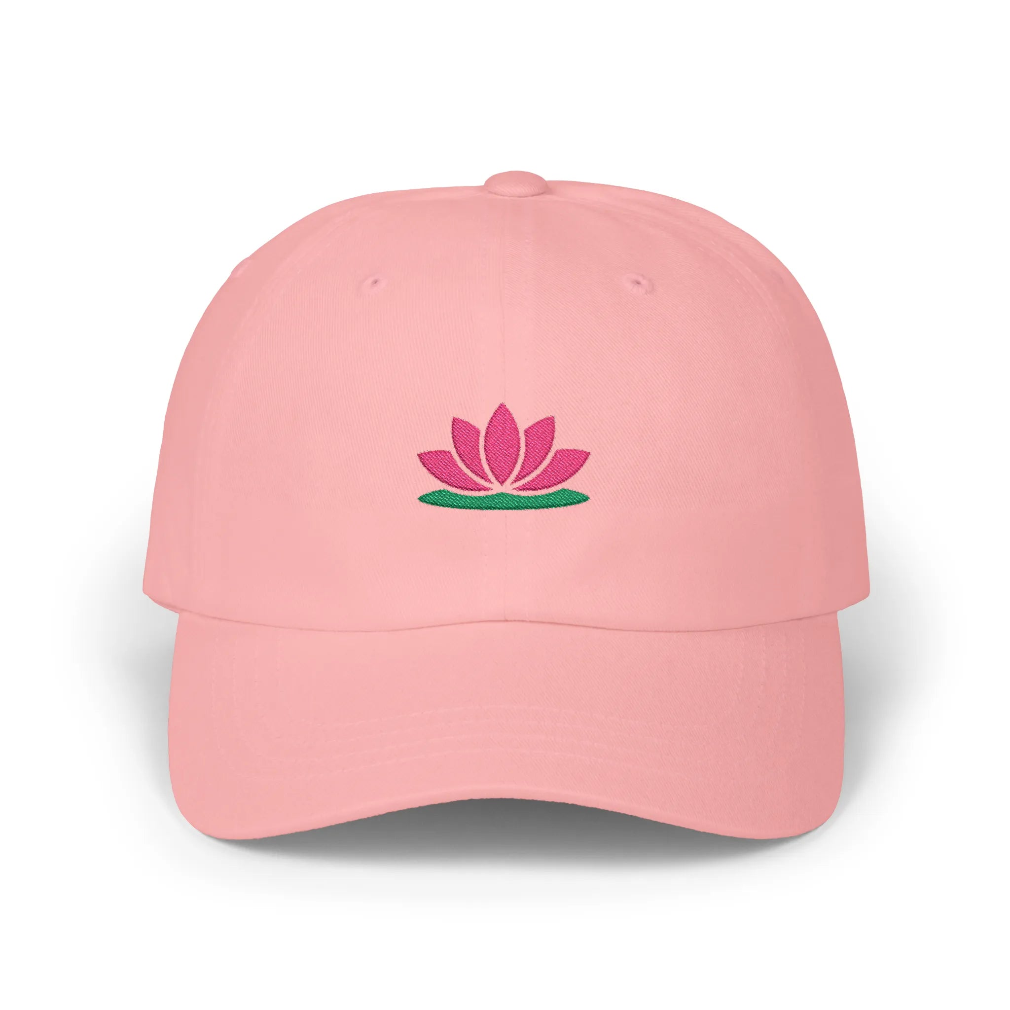 Pink lotus baseball cap, front view with pink lotus flower embroidery over green base