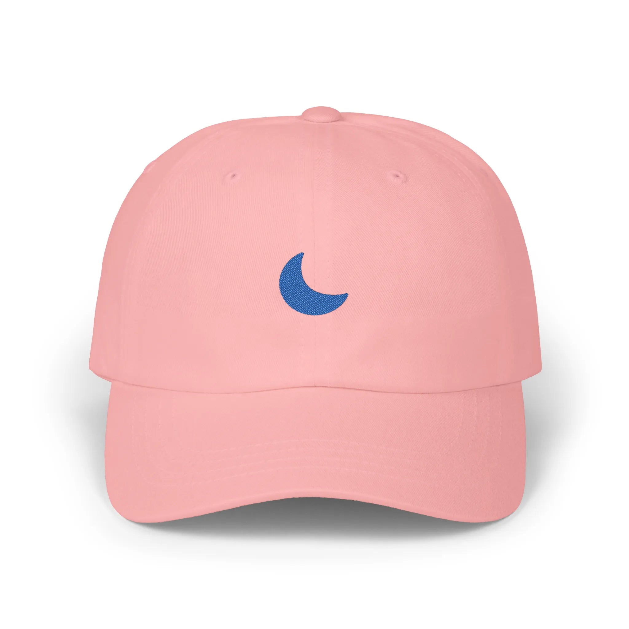 Pink moon baseball cap, front view with blue crescent moon embroidery at center