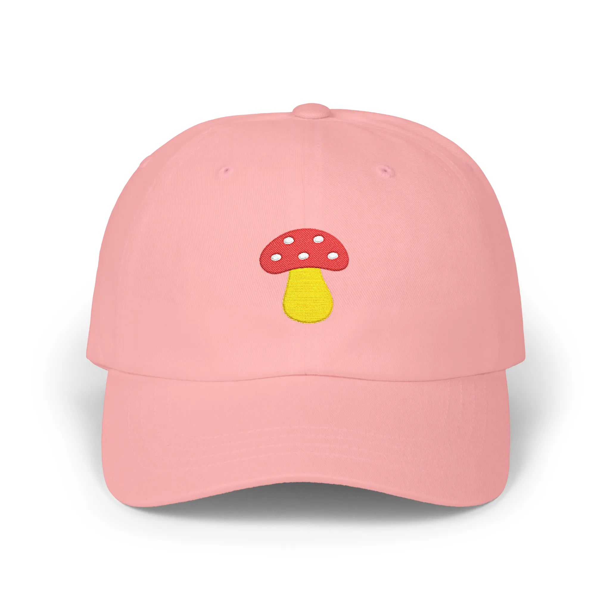 Pink mushroom baseball cap, front view with red and yellow mushroom embroidery