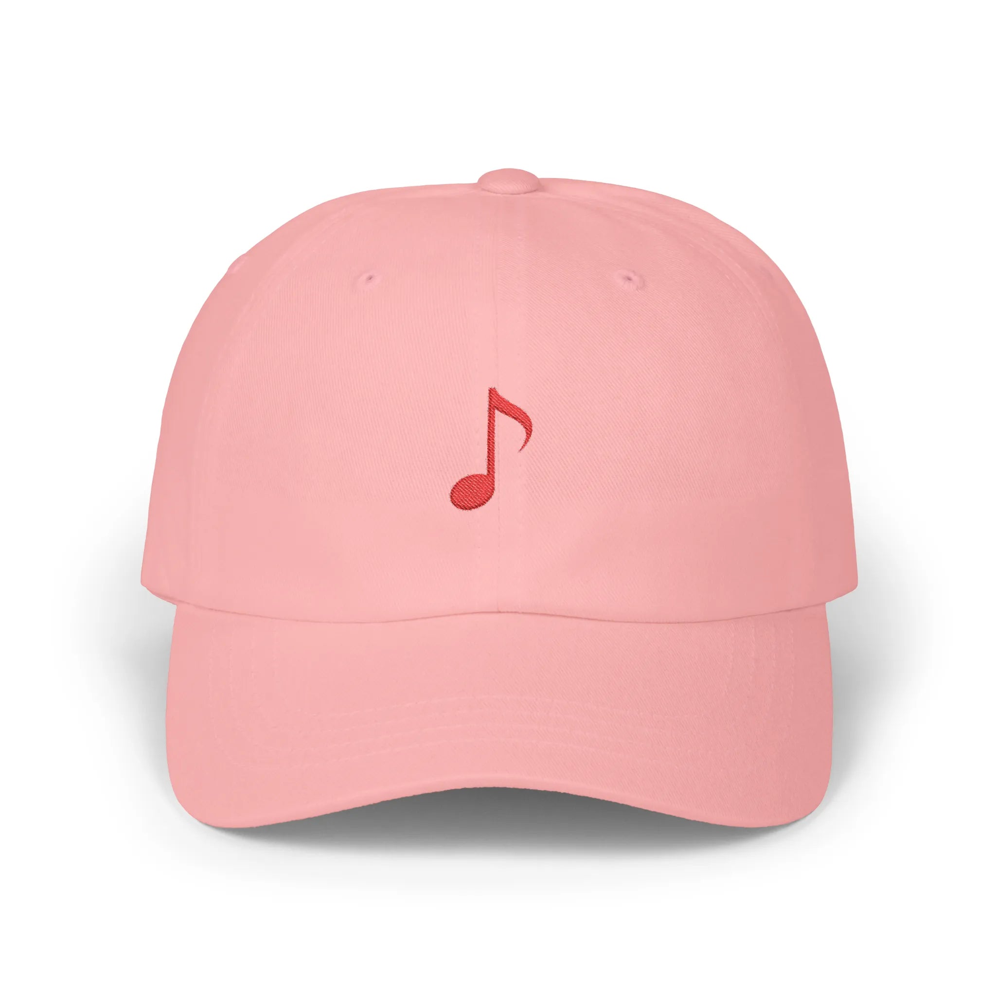 Pink music note baseball cap, front view with red music note embroidery at center