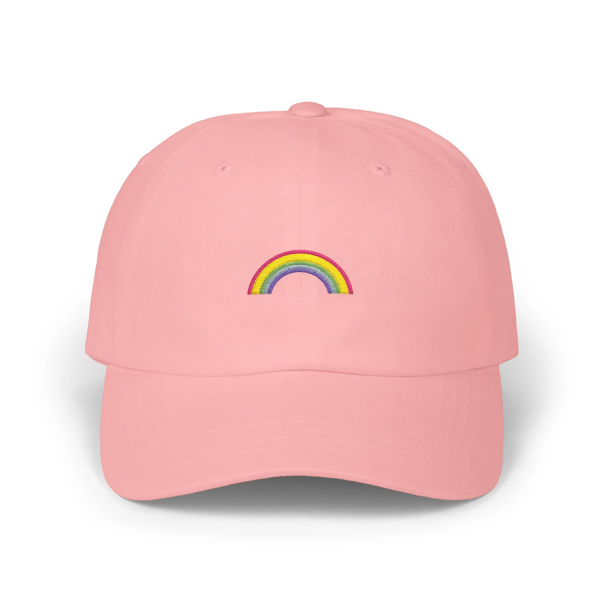 Pink rainbow baseball cap, front view with small multicolor rainbow embroidery