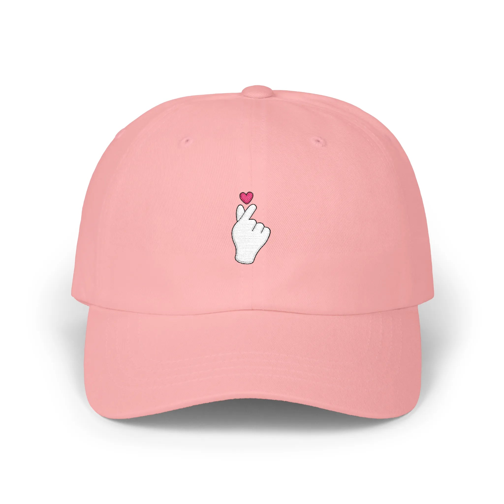 Pink Sarange baseball cap, front view with Korean finger heart embroidery and small pink heart