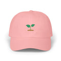 Pink seedling baseball cap, front view with small green sprout embroidery above brown soil