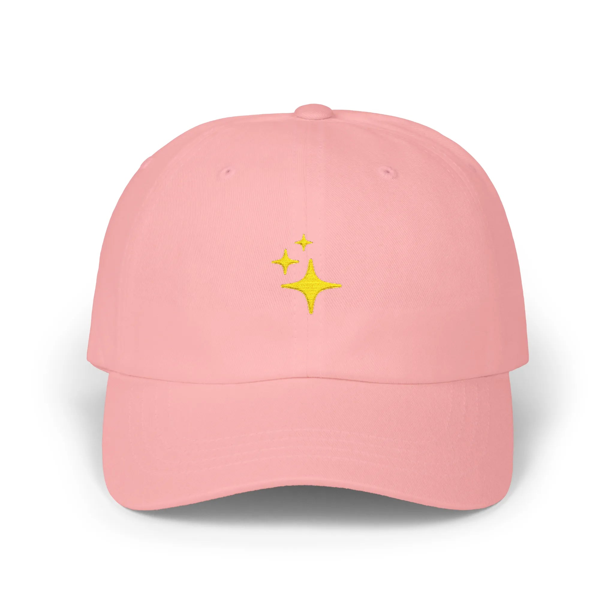 Pink sparkles baseball cap, front view with three small yellow sparkle embroideries