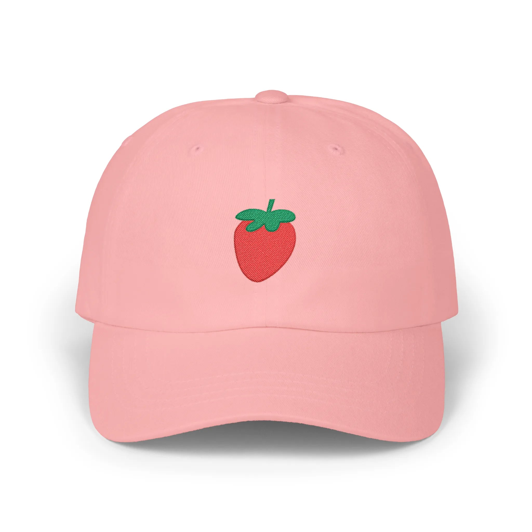Pink strawberry baseball cap, front view with red strawberry and green leaf embroidery