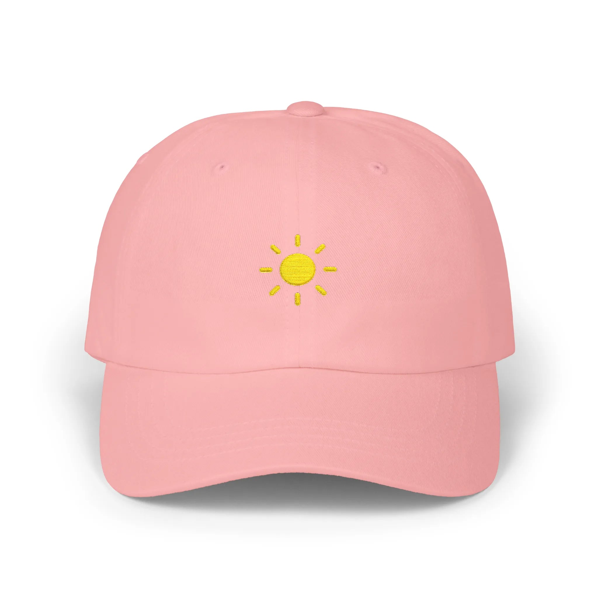 Pink sun baseball cap, front view with small yellow sun embroidery at center