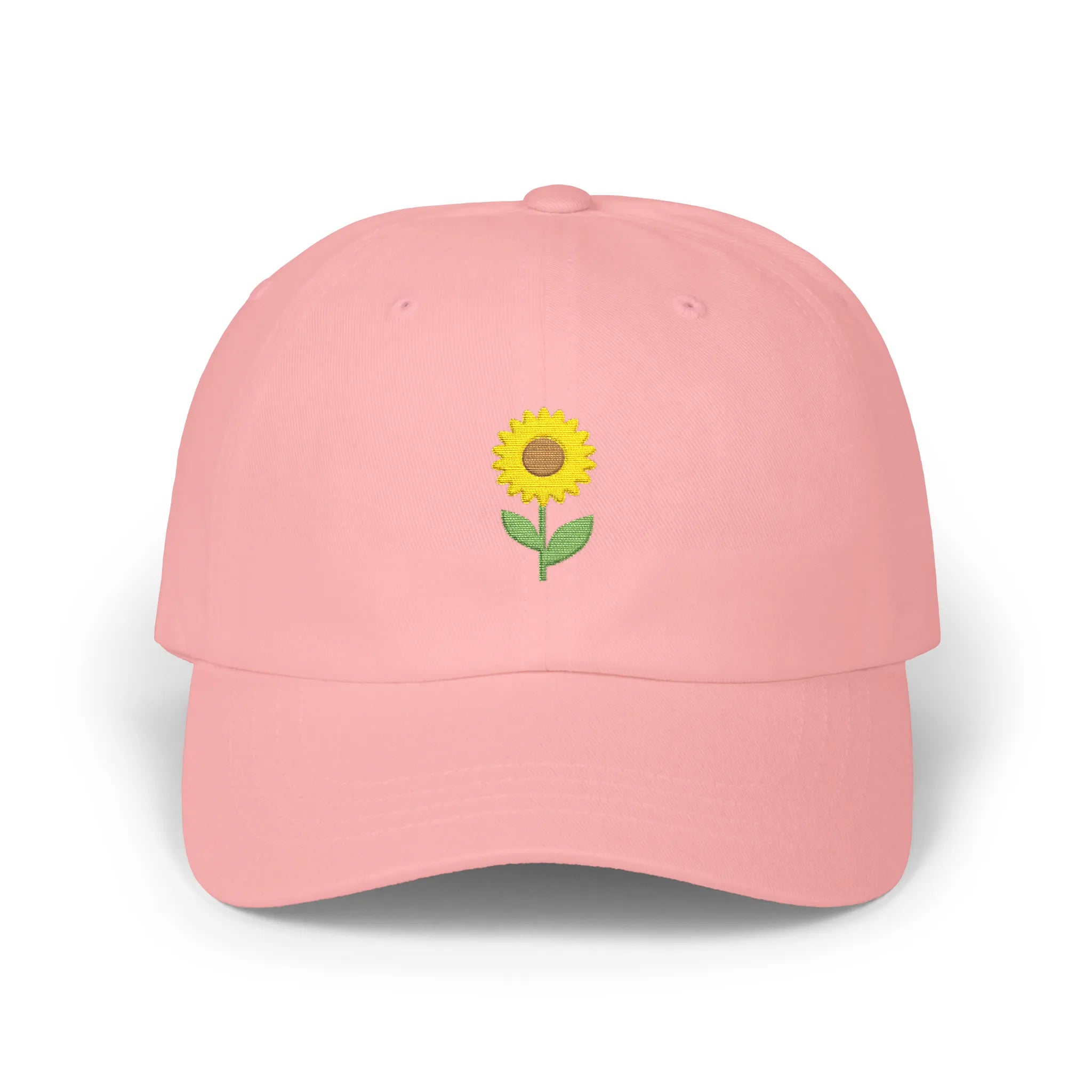 Pink sunflower baseball cap, front view with small yellow sunflower embroidery at center