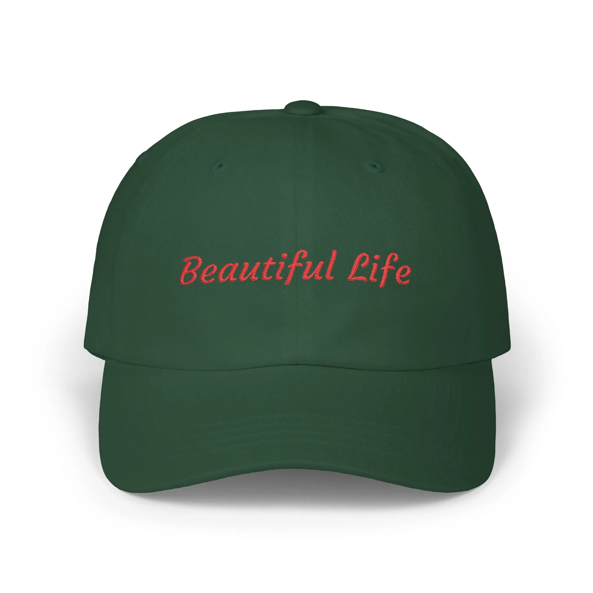Spruce Beautiful Life cap, front view with red embroidered Beautiful Life script