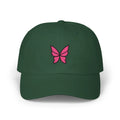 Spruce butterfly baseball cap, front view with pink butterfly embroidery outlined in black