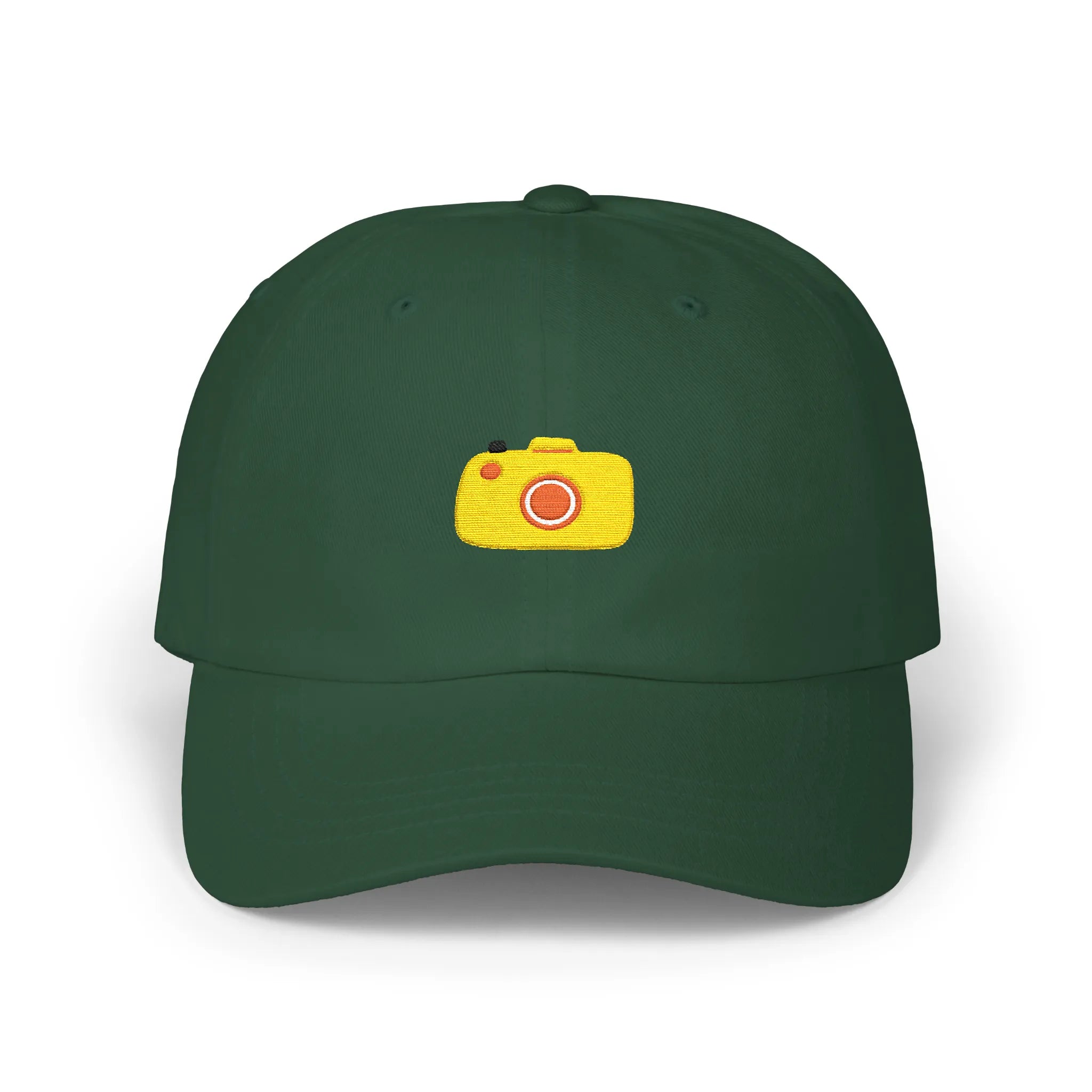 Spruce capture baseball cap, front view with yellow camera embroidery and orange lens