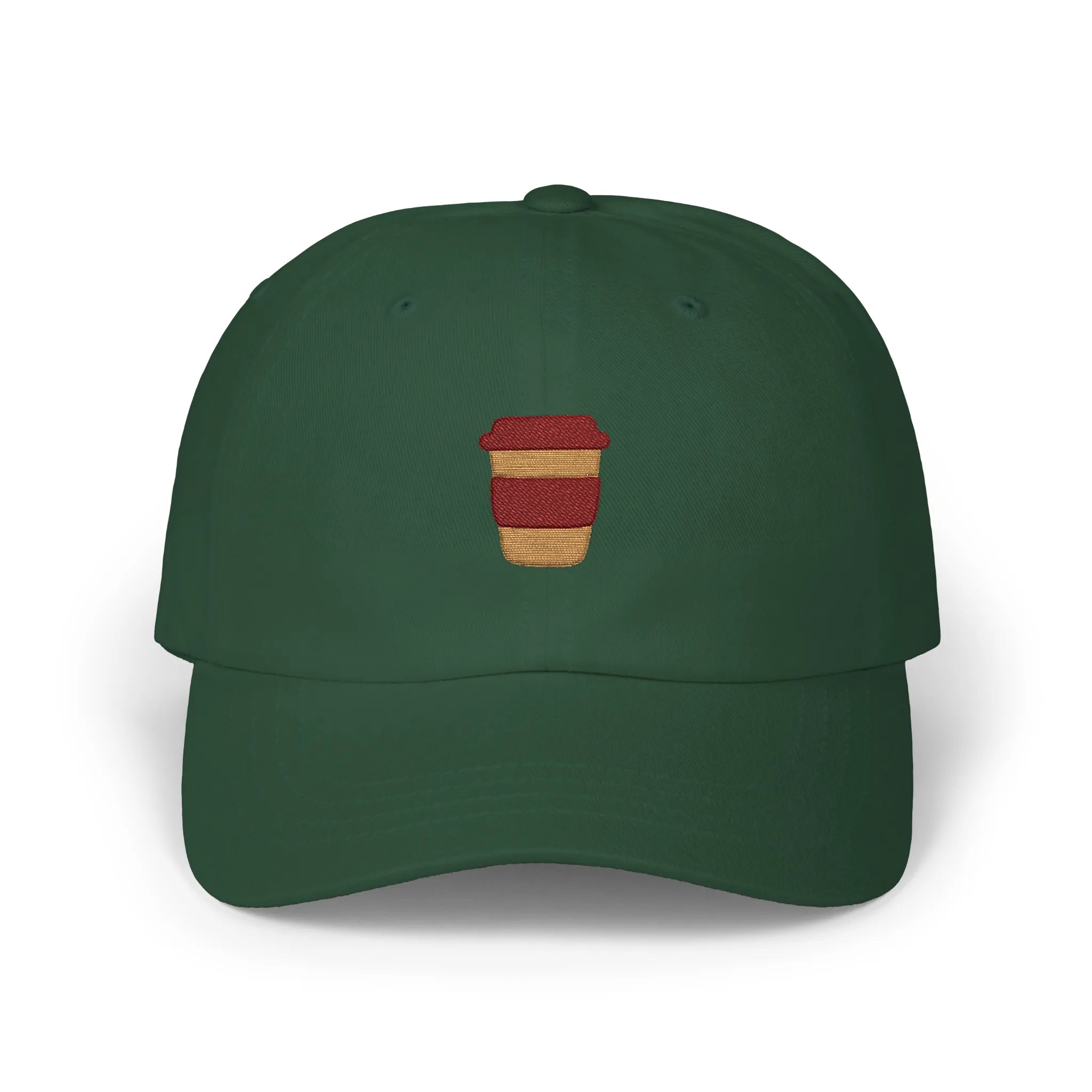 Spruce coffee mug baseball cap, front view with brown takeaway cup embroidery