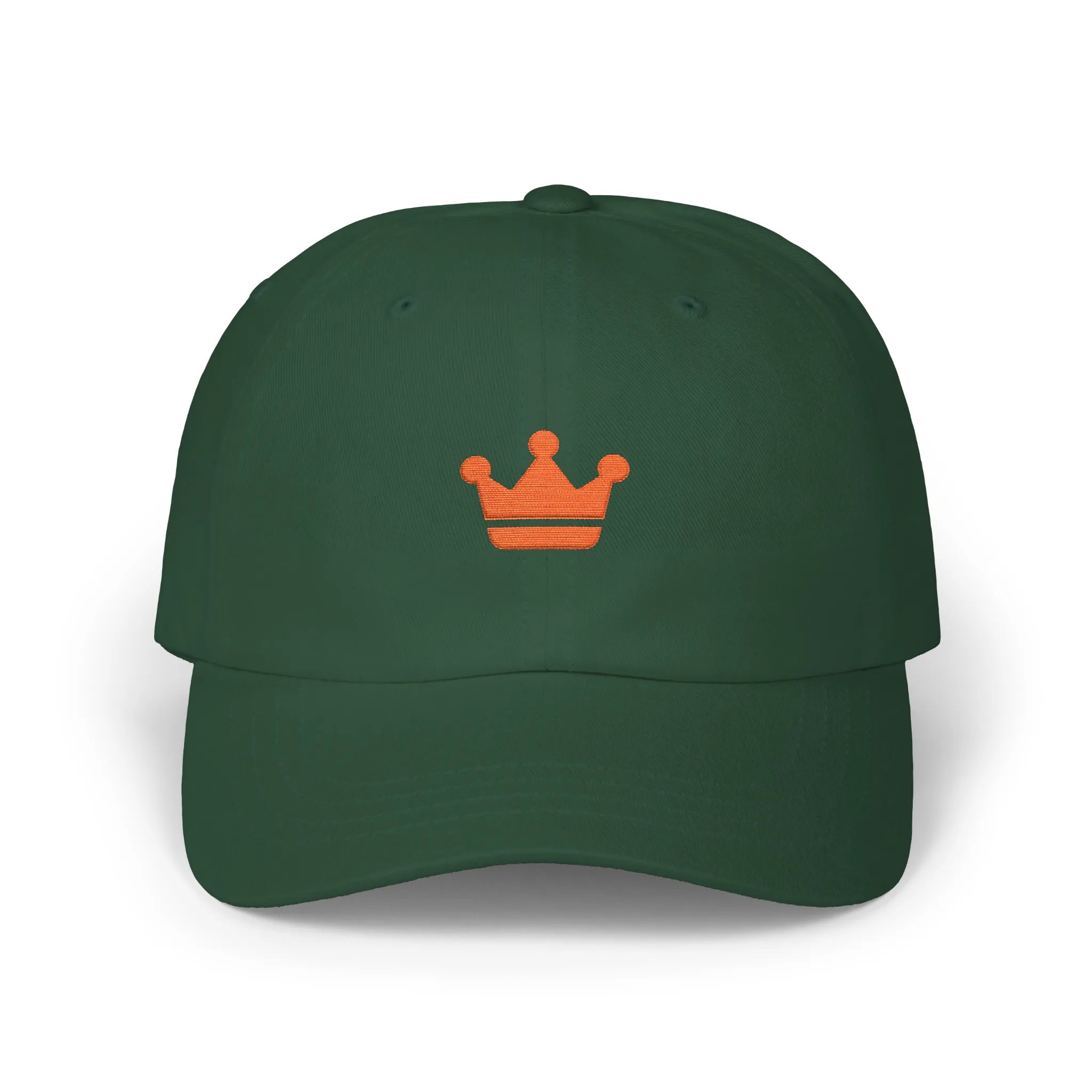 Spruce crown baseball cap, front view with orange crown embroidery at center