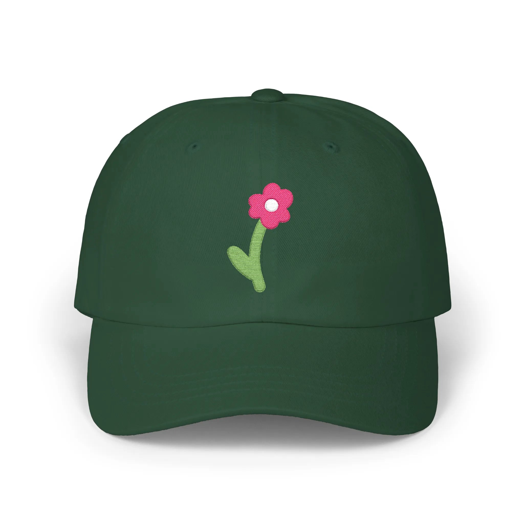 Spruce cute flower baseball cap, front view with pink flower and green stem embroidery