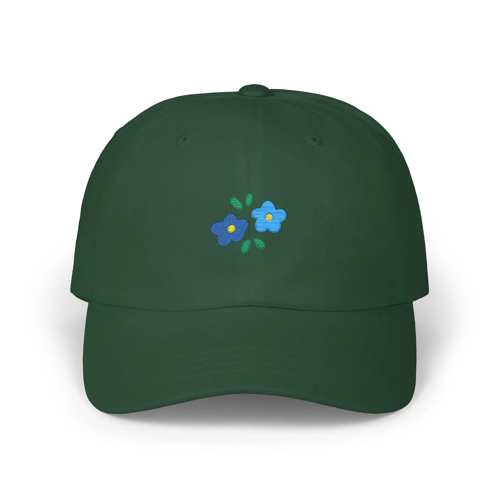 Spruce flowers baseball cap, front view with two blue flower embroideries and green leaves