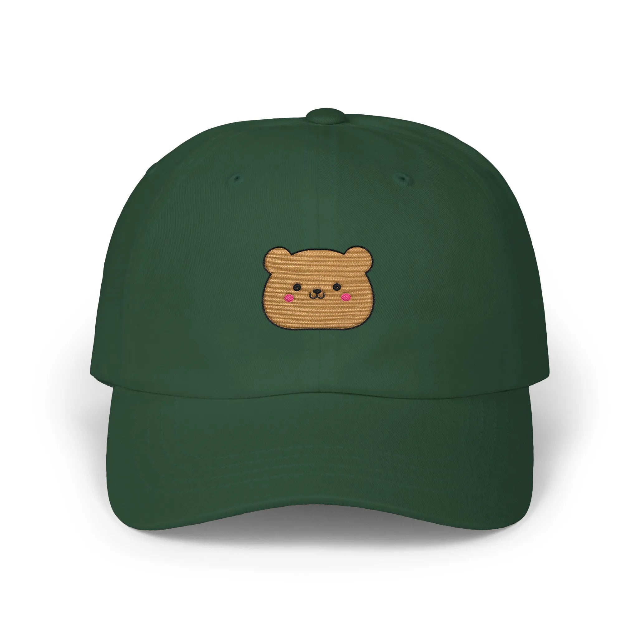 Spruce happy teddy baseball cap, front view with brown teddy face embroidery and pink cheeks