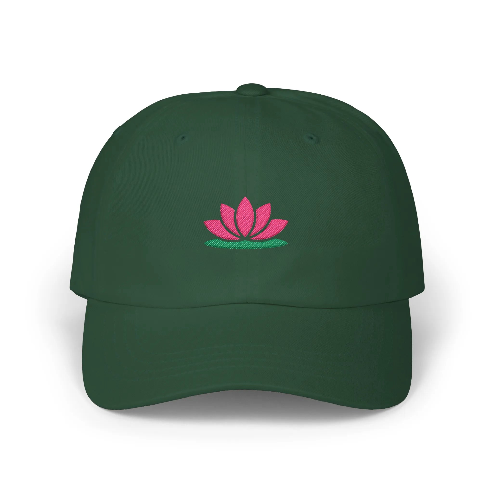 Spruce lotus baseball cap, front view with pink lotus flower embroidery over green base