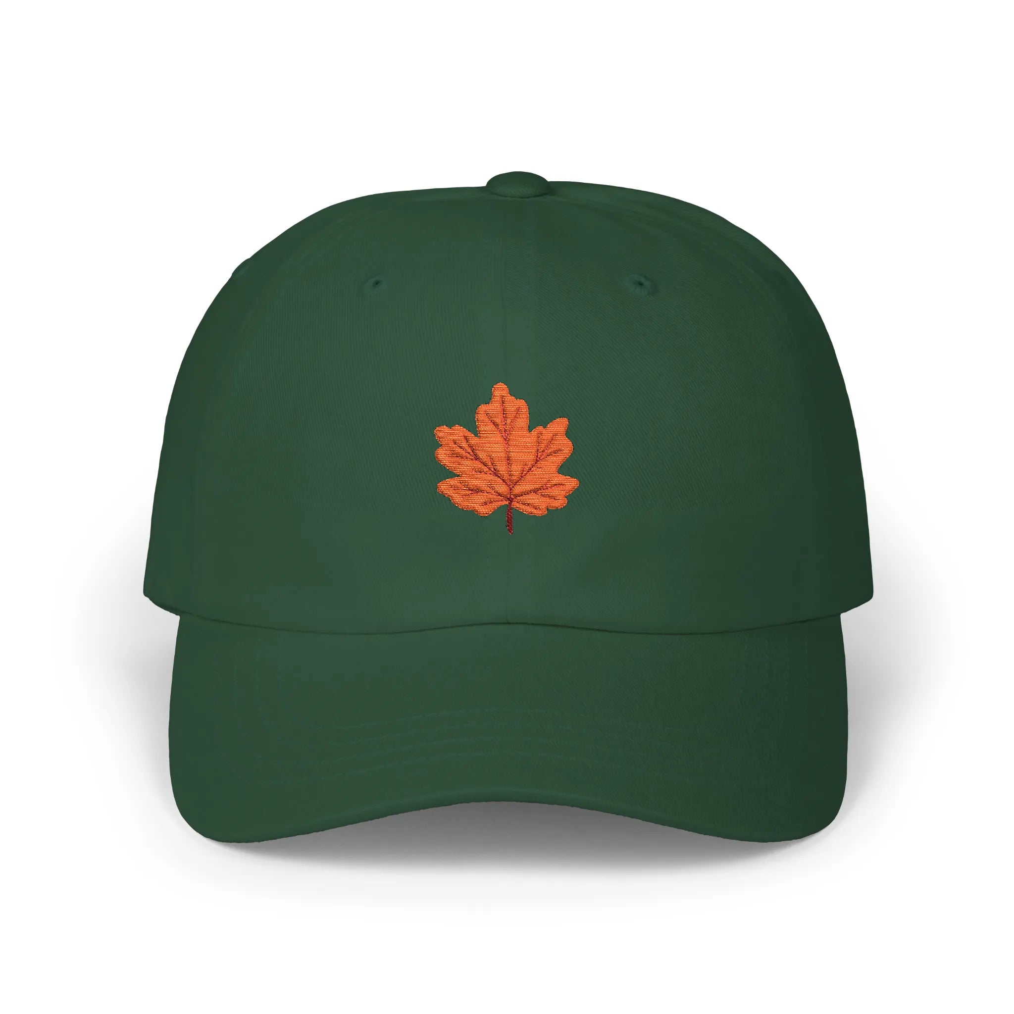 Spruce maple leaf baseball cap, front view with orange maple leaf embroidery at center