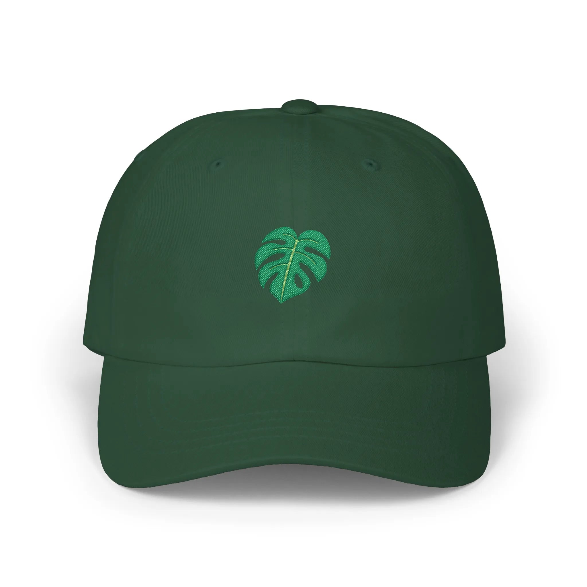 Spruce monstera leaf baseball cap, front view with green monstera leaf embroidery