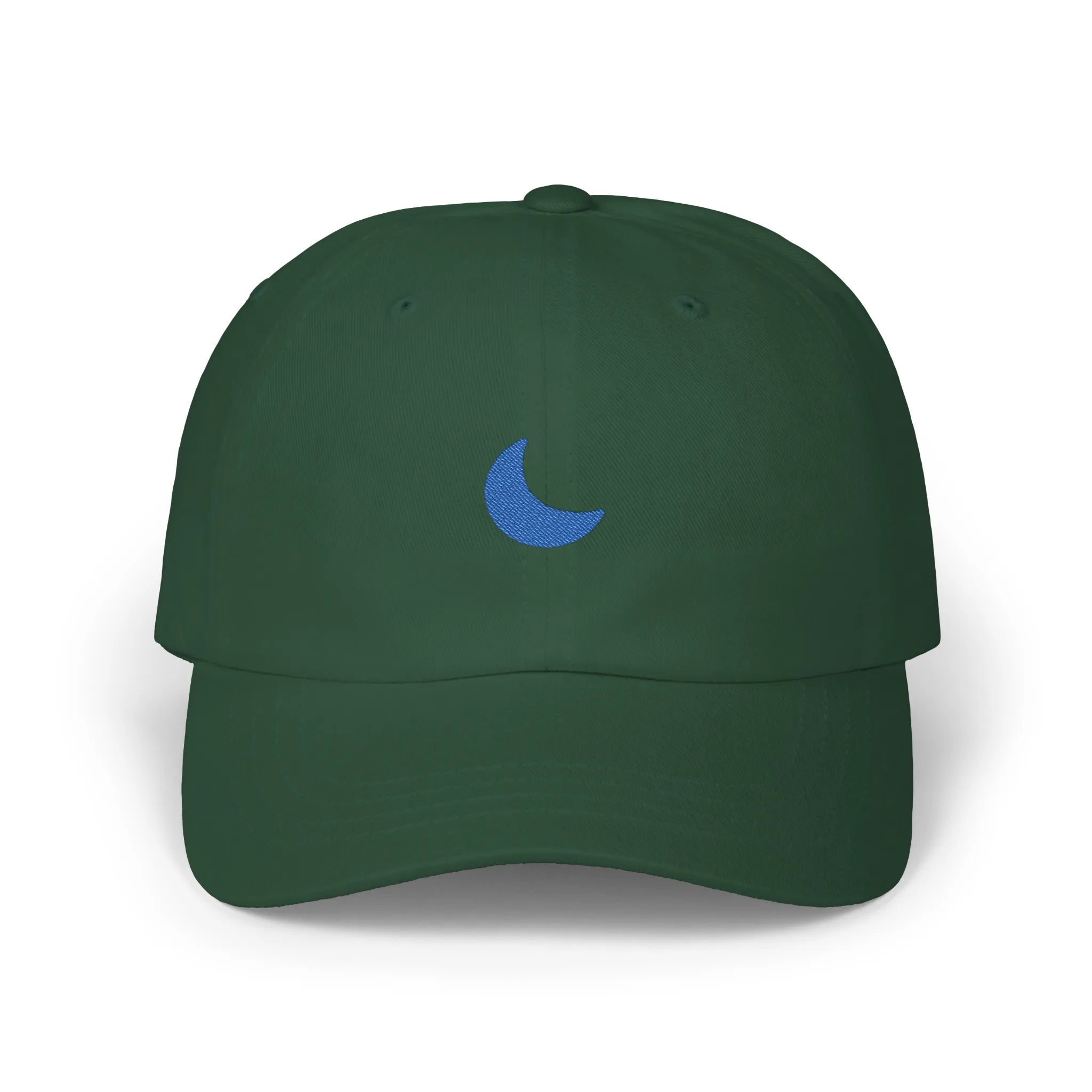 Spruce moon baseball cap, front view with blue crescent moon embroidery at center