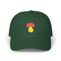 Spruce mushroom baseball cap, front view with red and yellow mushroom embroidery