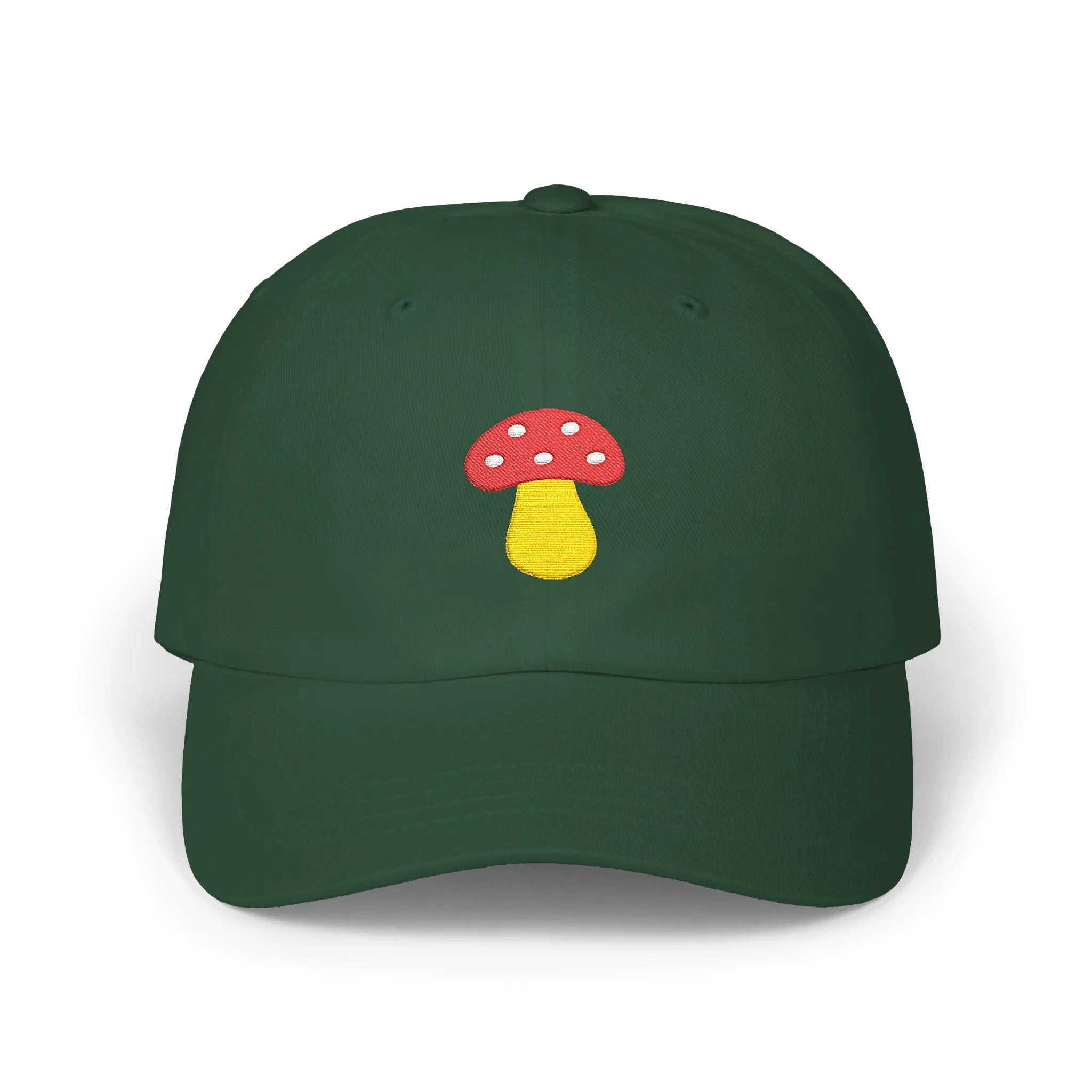 Spruce mushroom baseball cap, front view with red and yellow mushroom embroidery