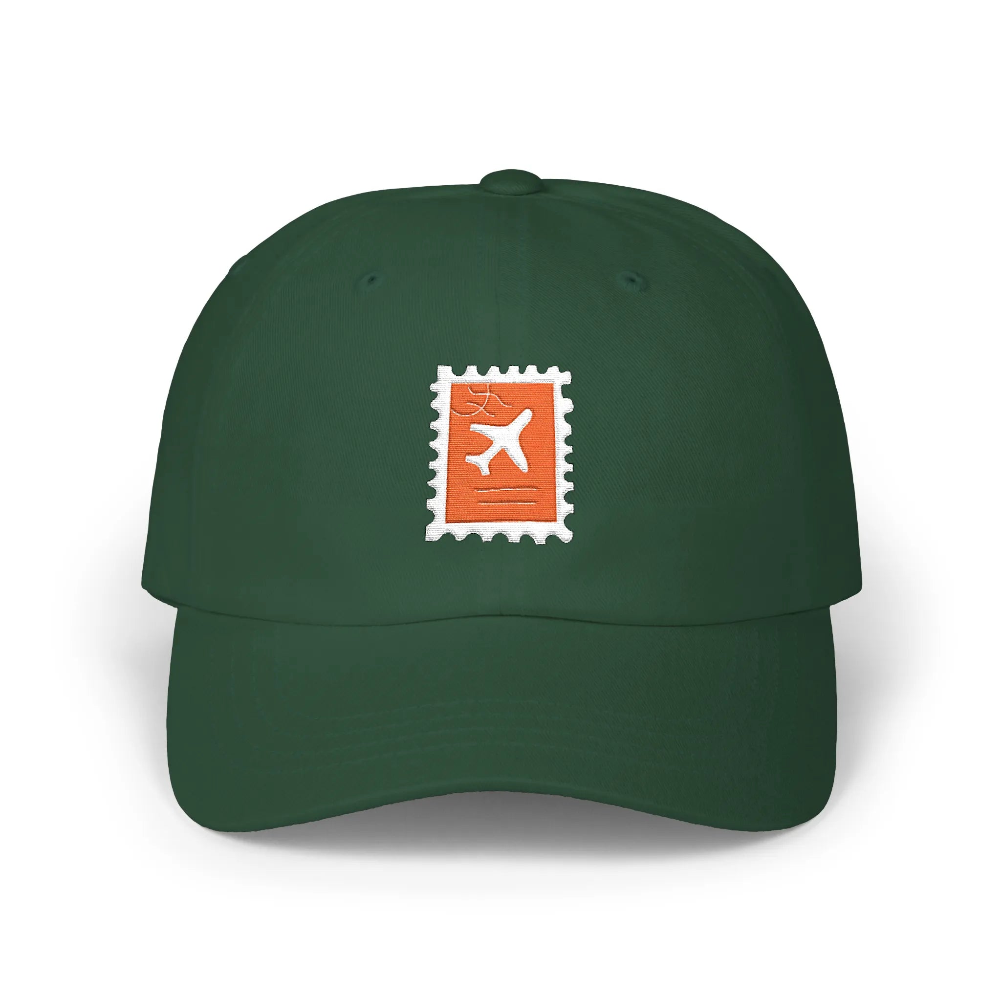 Spruce plane ticket baseball cap, front view with orange stamp and airplane embroidery