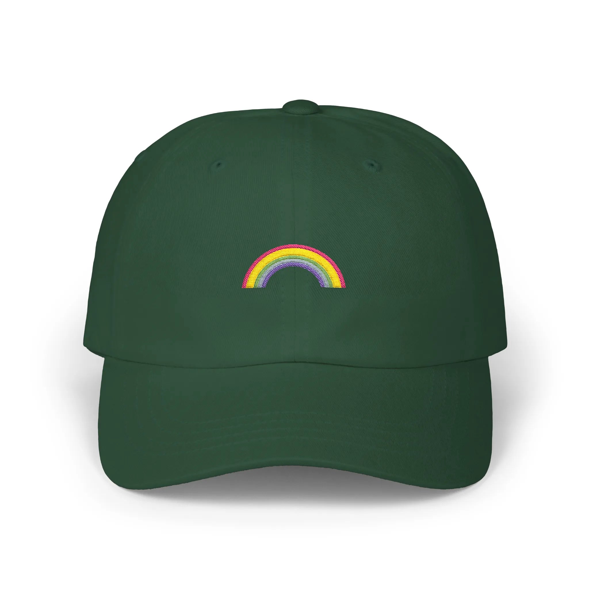 Spruce rainbow baseball cap, front view with small multicolor rainbow embroidery