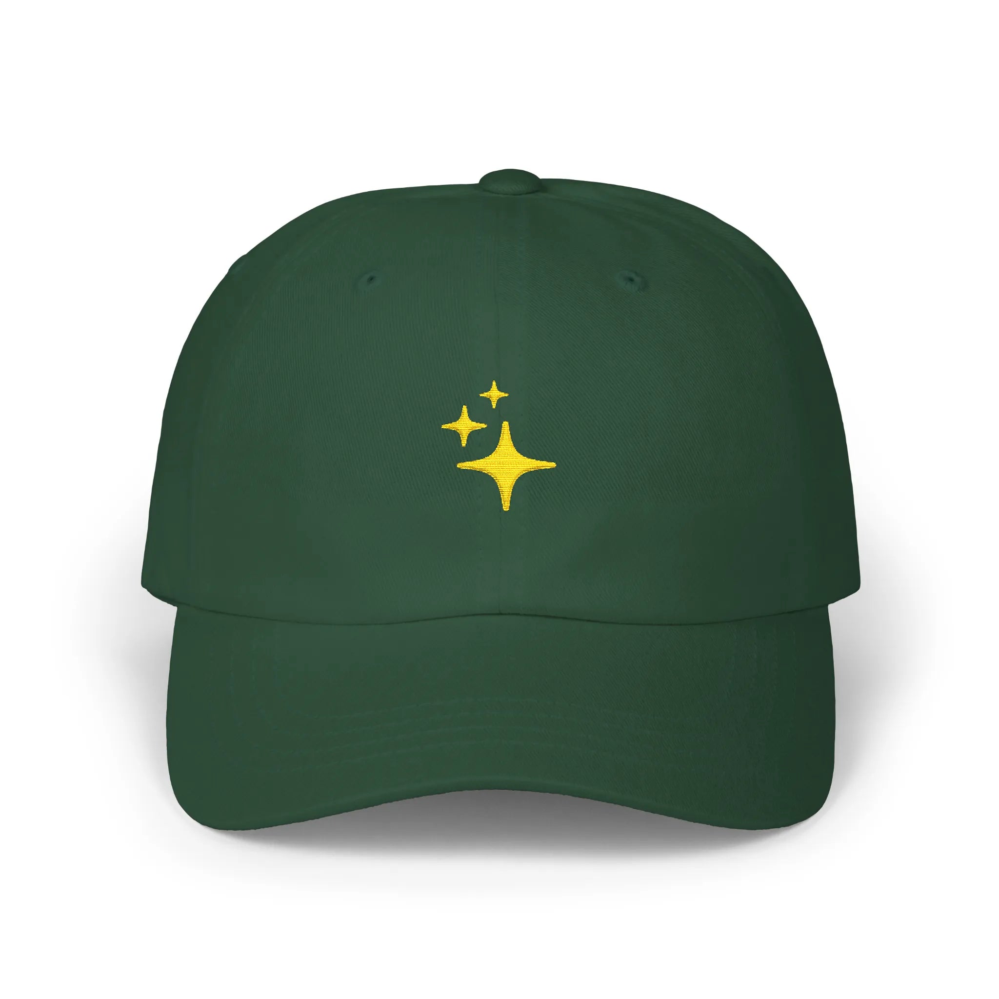 Spruce sparkles baseball cap, front view with three small yellow sparkle embroideries