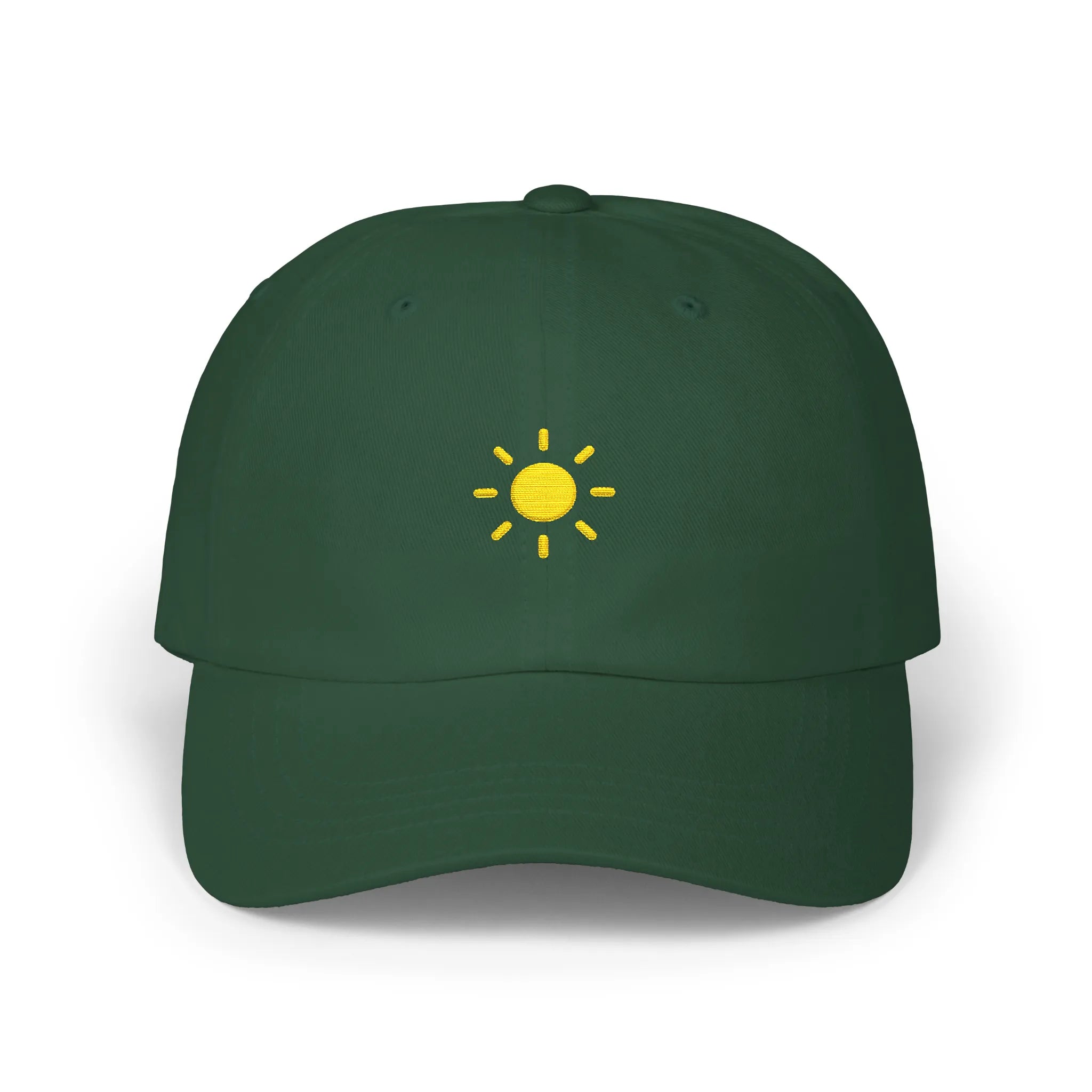 Spruce sun baseball cap, front view with small yellow sun embroidery at center