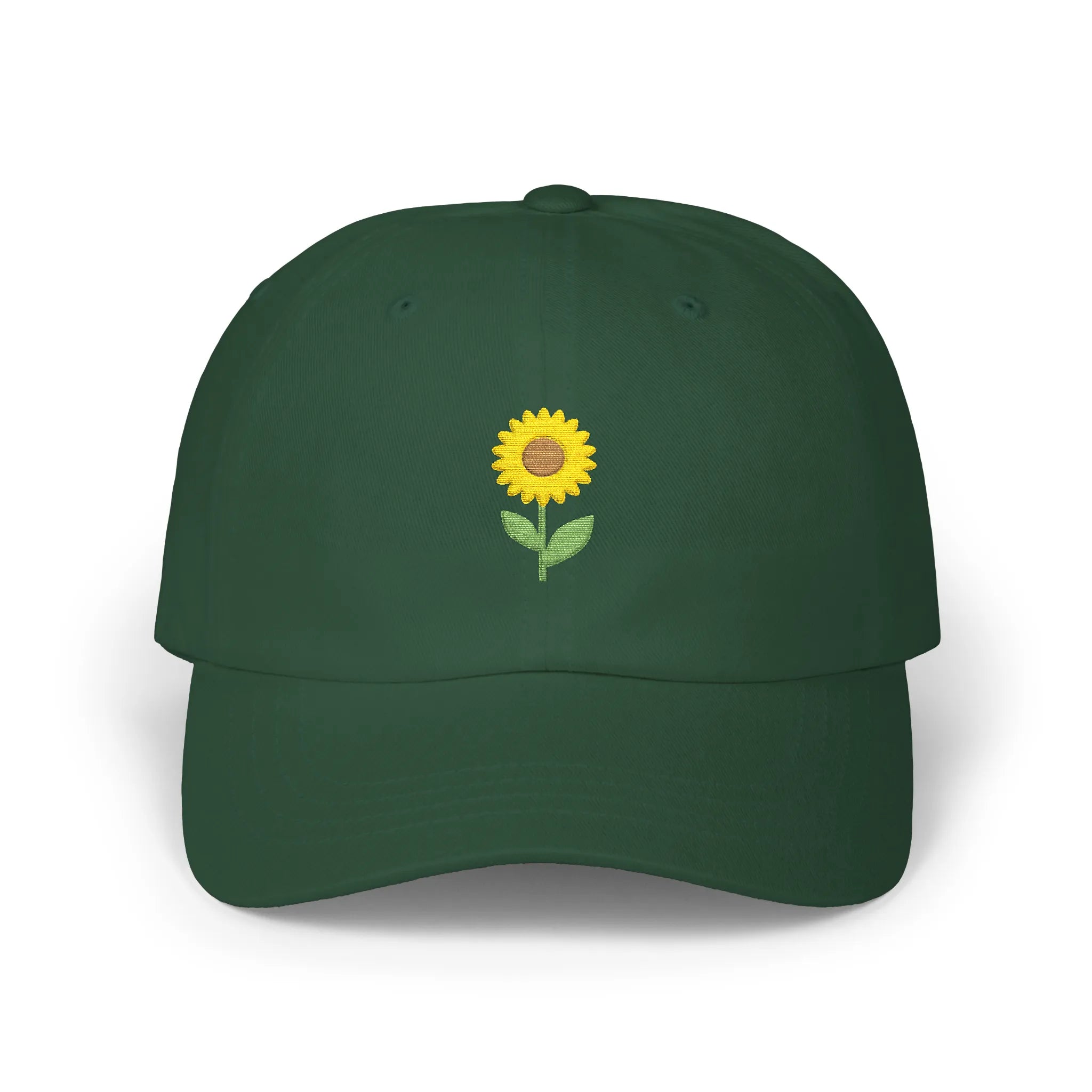 Spruce sunflower baseball cap, front view with small yellow sunflower embroidery at center