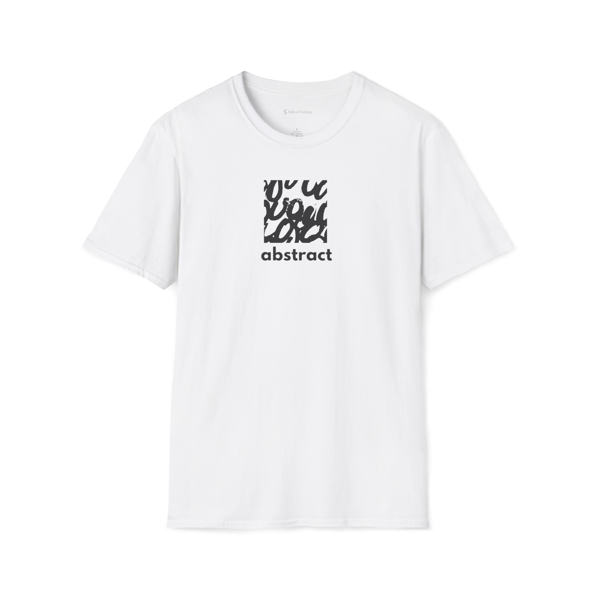 Beige t-shirt with black abstract design and text on a white background