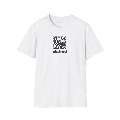 Beige t-shirt with black abstract design and text on a white background