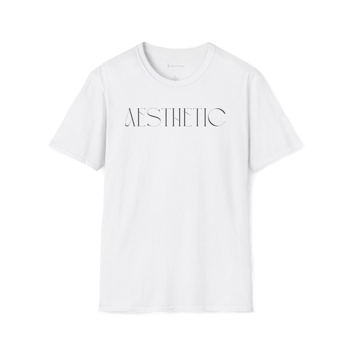 White Aesthetic t-shirt, front view with thin minimalist text design