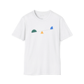 White Balance T-shirt, front view with minimalist geometric seesaw design in green, yellow, and blue