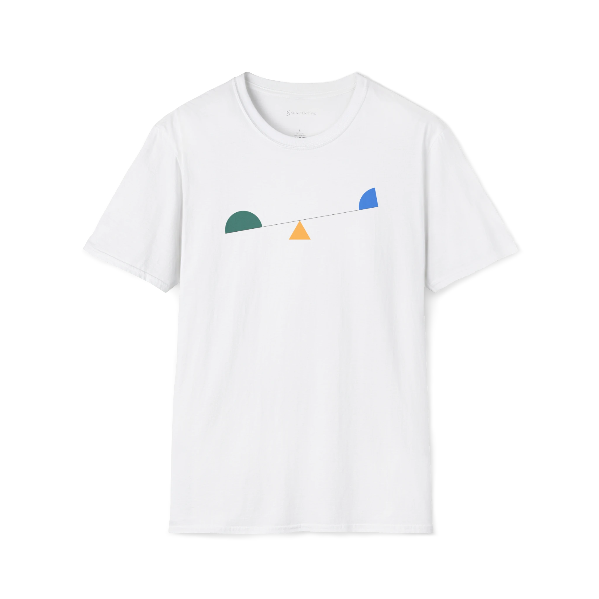 White Balance T-shirt, front view with minimalist geometric seesaw design in green, yellow, and blue