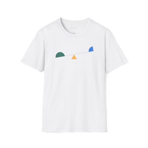 White Balance T-shirt, front view with minimalist geometric seesaw design in green, yellow, and blue