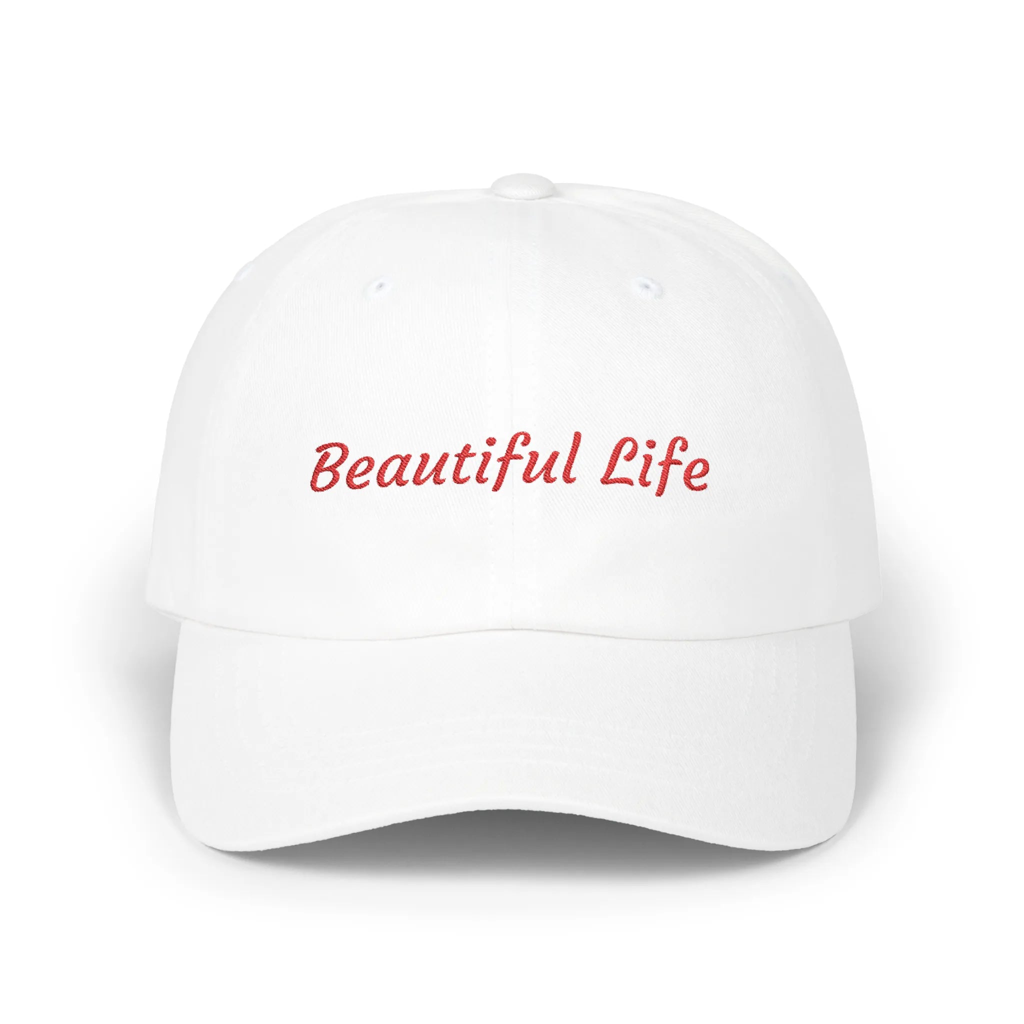 White Beautiful Life cap, front view with red embroidered Beautiful Life script