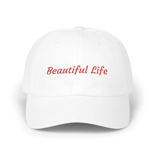 White Beautiful Life cap, front view with red embroidered Beautiful Life script