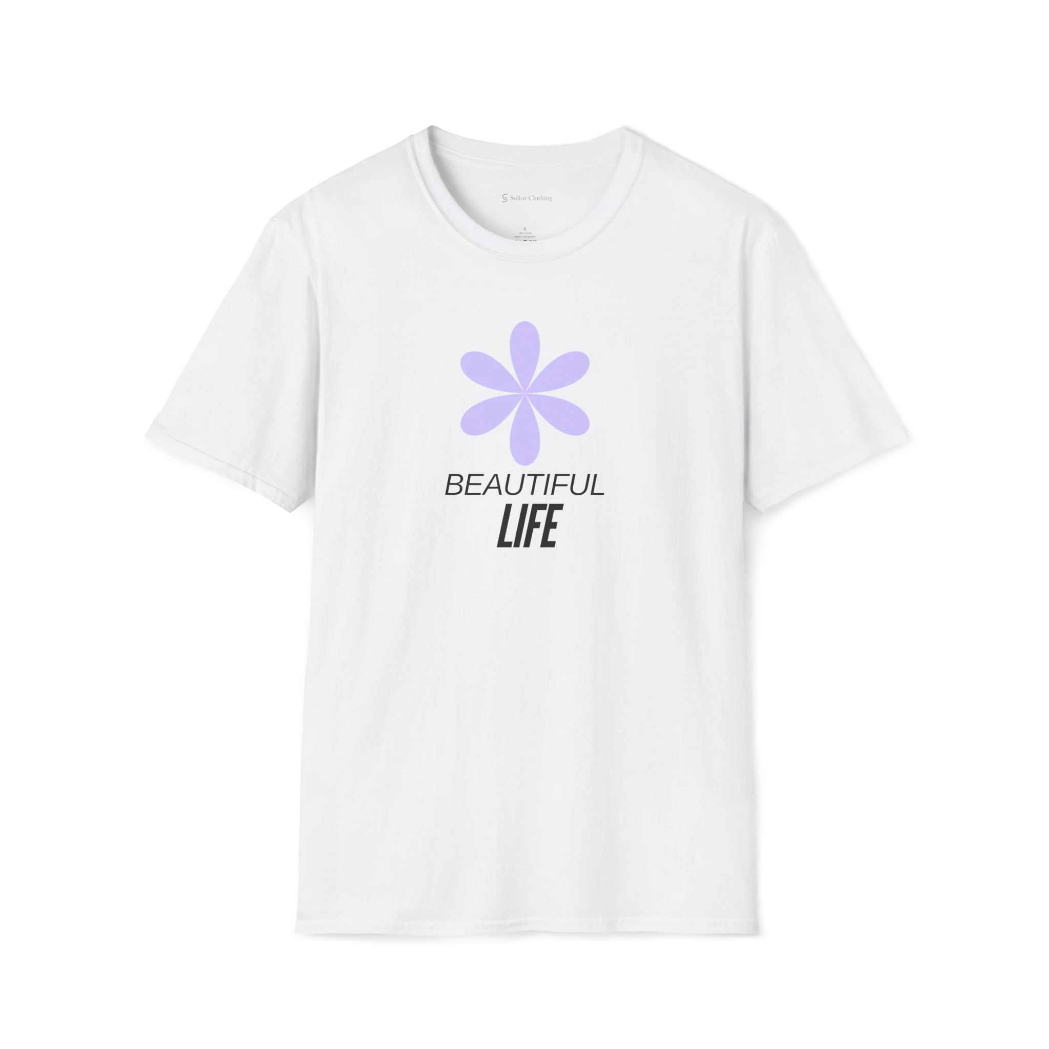White Beautiful Life T-Shirt, front view with purple flower graphic and black text print